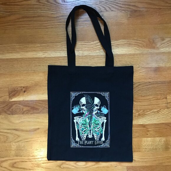 Garden Goth Punk The Plant Lover Skeleton Watering Can Black Canvas Tote Back - Picture 3 of 6